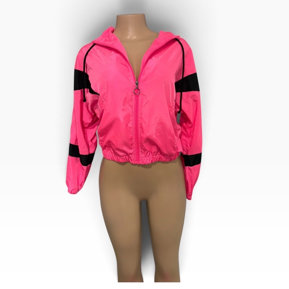 💜$5 Bundled- NoBo Neon Pink Windbreaker Jacket Cropped Hooded Zip Up Womens XS